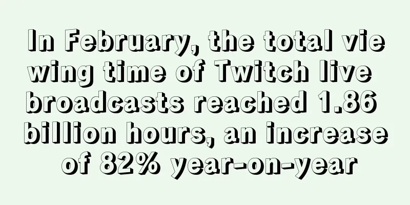 In February, the total viewing time of Twitch live broadcasts reached 1.86 billion hours, an increase of 82% year-on-year